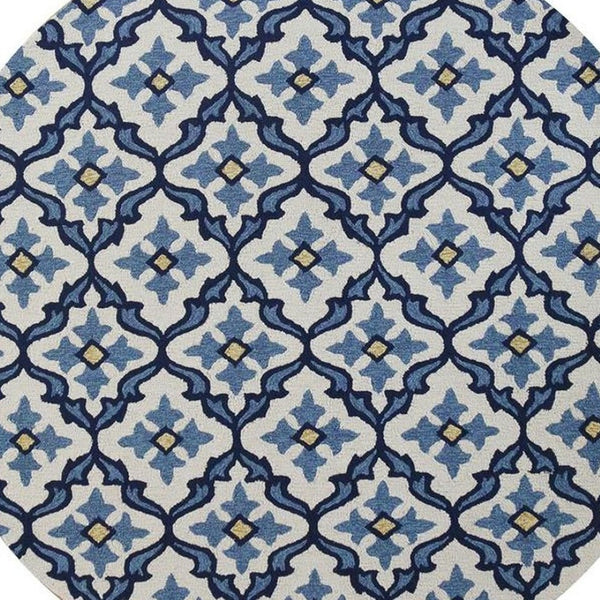 HomeRoots 5' Elegant Ivory and Blue Moroccan Area Rug for Indoor and Outdoor Spaces, Durable and Chic Design 8' Round 354121
