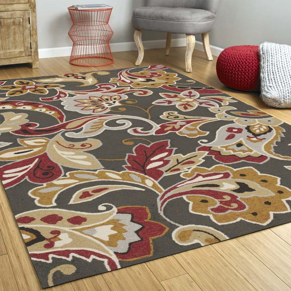 HomeRoots 3'' Floral Hand-Tufted Area Rug in Taupe, Red, and Gray - Durable, Stylish, Perfect for Cozy Spaces 7' Round 354122