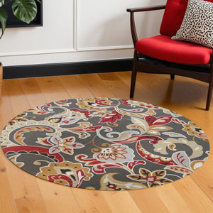 HomeRoots 3'' Floral Hand-Tufted Area Rug in Taupe, Red, and Gray - Durable, Stylish, Perfect for Cozy Spaces 7' Round 354122