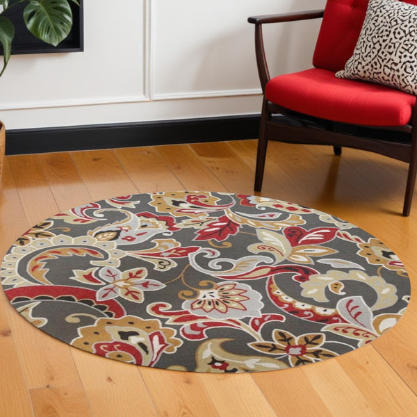 HomeRoots 3'' Floral Hand-Tufted Area Rug in Taupe, Red, and Gray - Durable, Stylish, Perfect for Cozy Spaces 7' Round 354122