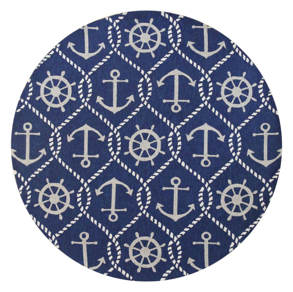 HomeRoots 7' Navy Blue Nautical Handmade Area Rug - Durable Indoor Outdoor Charm for Coastal Spaces & Patios 8' Round 354126