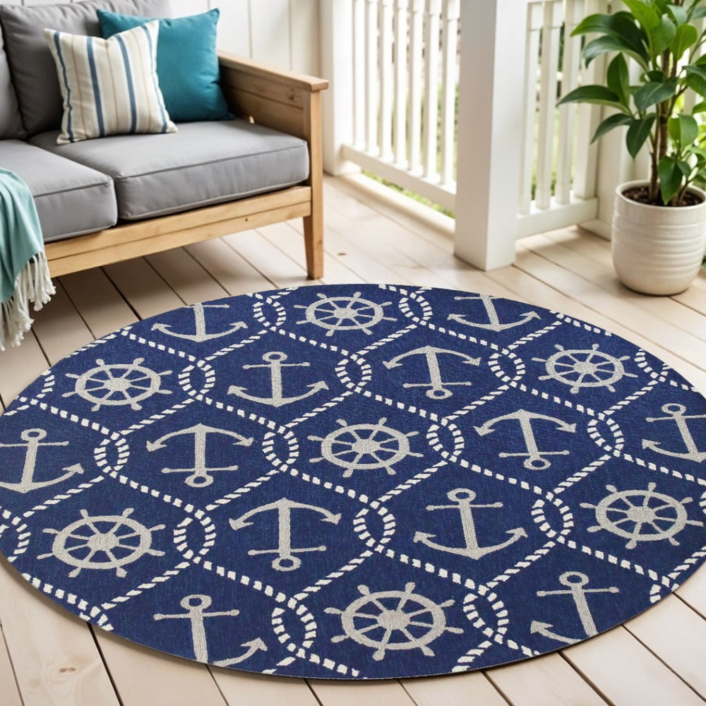 HomeRoots 7' Navy Blue Nautical Handmade Area Rug - Durable Indoor Outdoor Charm for Coastal Spaces & Patios 8' Round 354126