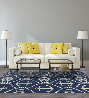 HomeRoots 7' Navy Blue Nautical Handmade Area Rug - Durable Indoor Outdoor Charm for Coastal Spaces & Patios 8' Round 354126