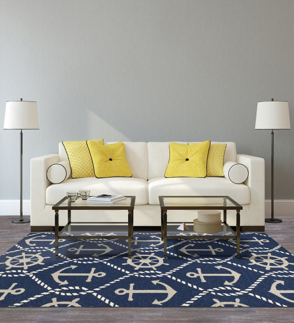 HomeRoots 7' Navy Blue Nautical Handmade Area Rug - Durable Indoor Outdoor Charm for Coastal Spaces & Patios 8' Round 354126