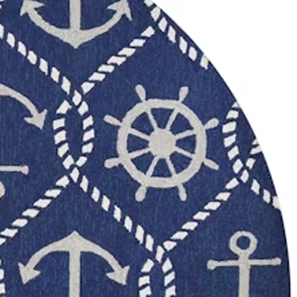 HomeRoots 7' Navy Blue Nautical Handmade Area Rug - Durable Indoor Outdoor Charm for Coastal Spaces & Patios 8' Round 354126