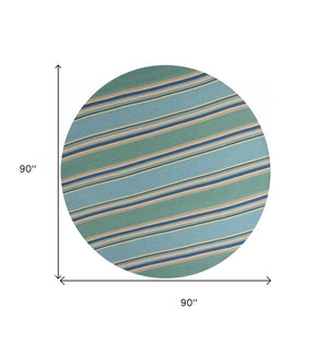 HomeRoots 8' Handmade Blue Striped Area Rug - Coastal-Inspired Design for Indoor & Outdoor Spaces, Durable Style 8' Round 354129