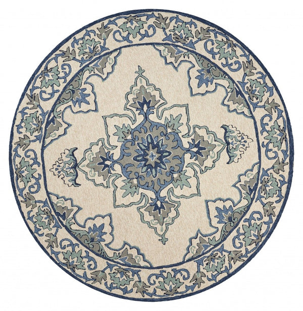 HomeRoots 8' Timeless Ivory and Blue Damask Area Rug for Indoor and Outdoor Elegance and Easy Maintenance 8' Round 354131