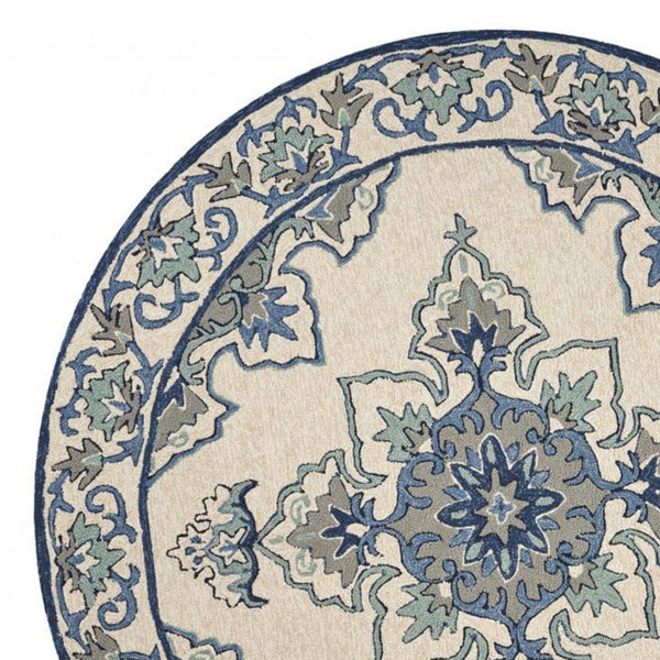 HomeRoots 8' Timeless Ivory and Blue Damask Area Rug for Indoor and Outdoor Elegance and Easy Maintenance 8' Round 354131