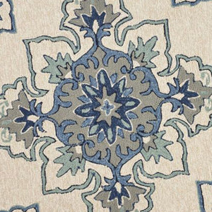 HomeRoots 8' Timeless Ivory and Blue Damask Area Rug for Indoor and Outdoor Elegance and Easy Maintenance 8' Round 354131