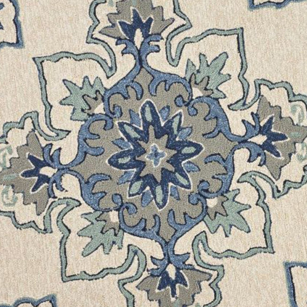 HomeRoots 8' Timeless Ivory and Blue Damask Area Rug for Indoor and Outdoor Elegance and Easy Maintenance 8' Round 354131