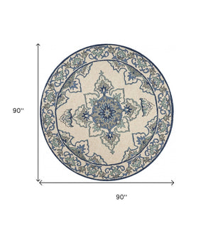 HomeRoots 8' Timeless Ivory and Blue Damask Area Rug for Indoor and Outdoor Elegance and Easy Maintenance 8' Round 354131