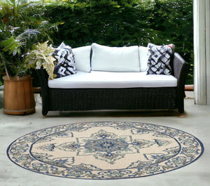 HomeRoots 8' Timeless Ivory and Blue Damask Area Rug for Indoor and Outdoor Elegance and Easy Maintenance 8' Round 354131
