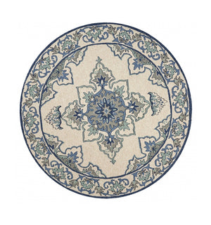 HomeRoots 8' Timeless Ivory and Blue Damask Area Rug for Indoor and Outdoor Elegance and Easy Maintenance 8' Round 354131