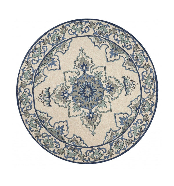 HomeRoots 8' Timeless Ivory and Blue Damask Area Rug for Indoor and Outdoor Elegance and Easy Maintenance 8' Round 354131