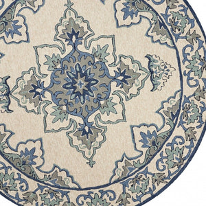 HomeRoots 8' Timeless Ivory and Blue Damask Area Rug for Indoor and Outdoor Elegance and Easy Maintenance 8' Round 354131