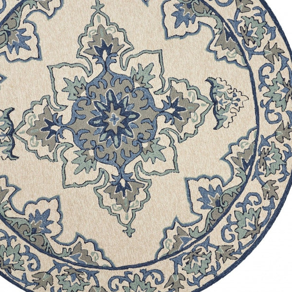 HomeRoots 8' Timeless Ivory and Blue Damask Area Rug for Indoor and Outdoor Elegance and Easy Maintenance 8' Round 354131