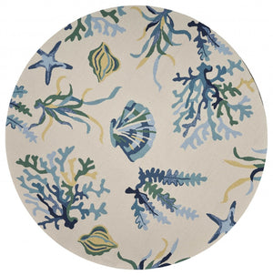 HomeRoots 3' Hand-Tufted Area Rug with Ivory and Blue Seashell Design – Coastal Charm for Any Room 7' Round 354135