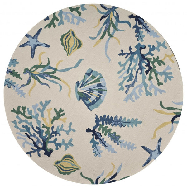 HomeRoots 3' Hand-Tufted Area Rug with Ivory and Blue Seashell Design – Coastal Charm for Any Room 7' Round 354135