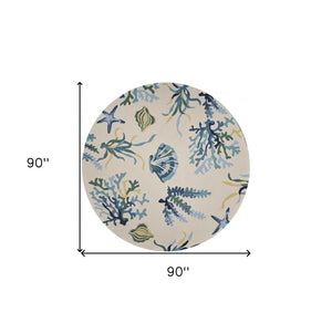 HomeRoots 3' Hand-Tufted Area Rug with Ivory and Blue Seashell Design – Coastal Charm for Any Room 7' Round 354135