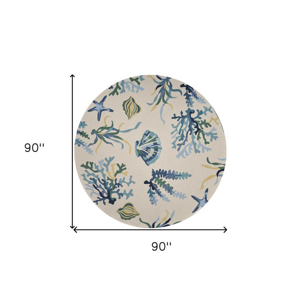 HomeRoots 3' Hand-Tufted Area Rug with Ivory and Blue Seashell Design – Coastal Charm for Any Room 7' Round 354135