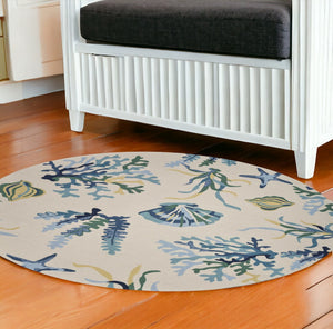 HomeRoots 3' Hand-Tufted Area Rug with Ivory and Blue Seashell Design – Coastal Charm for Any Room 7' Round 354135