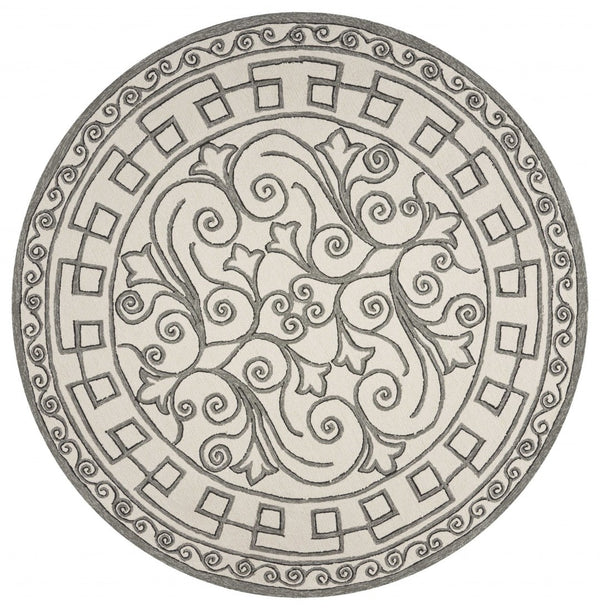 HomeRoots 5' Elegant Gray and Ivory Damask Area Rug for Indoor and Outdoor Spaces - Stylish and Durable Design 8' Round 354136
