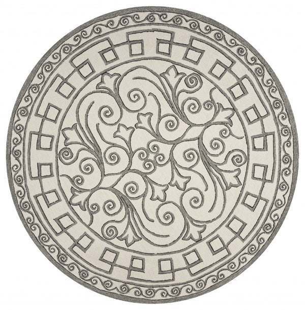 HomeRoots 5' Elegant Gray and Ivory Damask Area Rug for Indoor and Outdoor Spaces - Stylish and Durable Design 8' Round 354136
