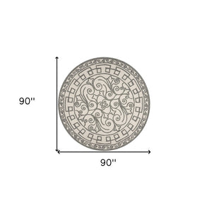 HomeRoots 5' Elegant Gray and Ivory Damask Area Rug for Indoor and Outdoor Spaces - Stylish and Durable Design 8' Round 354136