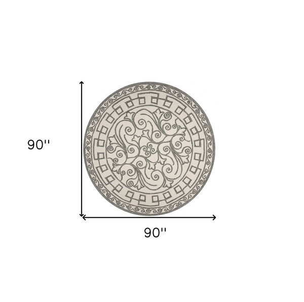 HomeRoots 5' Elegant Gray and Ivory Damask Area Rug for Indoor and Outdoor Spaces - Stylish and Durable Design 8' Round 354136