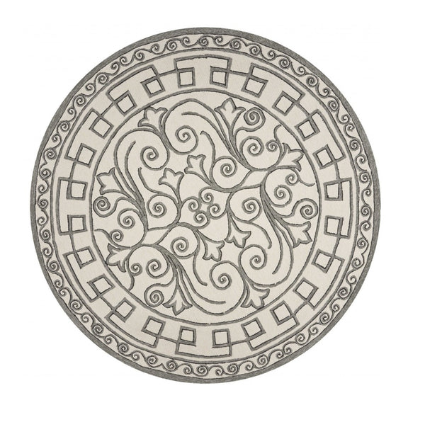 HomeRoots 5' Elegant Gray and Ivory Damask Area Rug for Indoor and Outdoor Spaces - Stylish and Durable Design 8' Round 354136