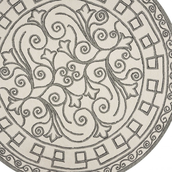 HomeRoots 5' Elegant Gray and Ivory Damask Area Rug for Indoor and Outdoor Spaces - Stylish and Durable Design 8' Round 354136