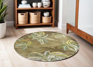 HomeRoots 5' Tropical Botanical Wool Area Rug in Moss Green and Yellow - Hand-Tufted Elegance for Your Home 5' Round 354144