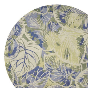 HomeRoots 5' Tropical Botanical Wool Area Rug in Blue Green Beige – Hand-Tufted, Stylish Comfort for Your Home 6' Round 354145