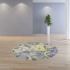 HomeRoots 5' Tropical Botanical Wool Area Rug in Blue Green Beige – Hand-Tufted, Stylish Comfort for Your Home 6' Round 354145