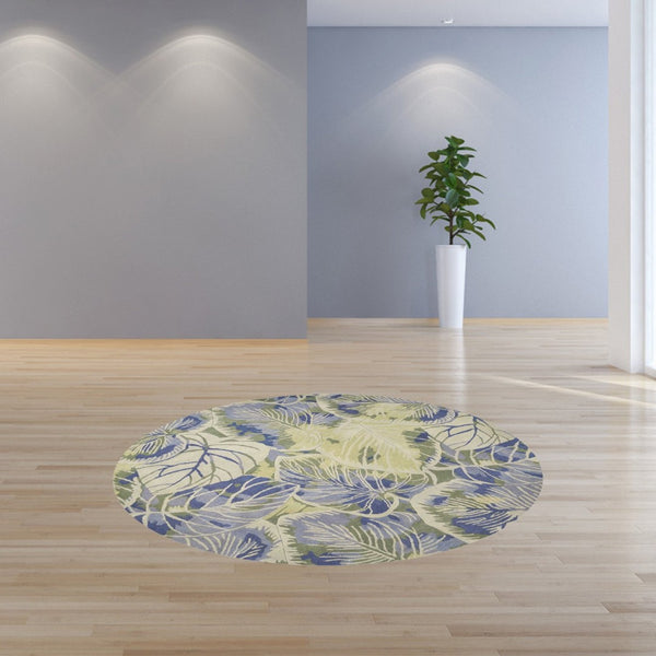 HomeRoots 5' Tropical Botanical Wool Area Rug in Blue Green Beige – Hand-Tufted, Stylish Comfort for Your Home 6' Round 354145