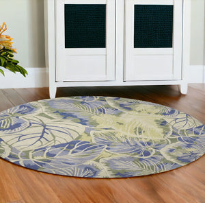 HomeRoots 5' Tropical Botanical Wool Area Rug in Blue Green Beige – Hand-Tufted, Stylish Comfort for Your Home 6' Round 354145