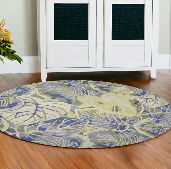 HomeRoots 5' Tropical Botanical Wool Area Rug in Blue Green Beige – Hand-Tufted, Stylish Comfort for Your Home 6' Round 354145