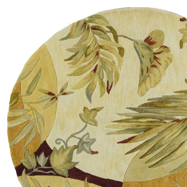 HomeRoots 5' Coral Green and Ivory Hand-Tufted Wool Area Rug with Tropical Botanical Design for Elegant Spaces 5' Round 354146