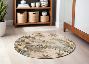 HomeRoots 5' Hand-Tufted Wool Area Rug with Botanical Leaves in Ivory, Brown, and Blue – Artisan Crafted Elegance 6' Round 354147