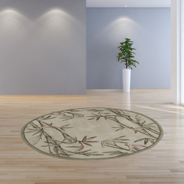 Homeroots 6' Ivory Hand Tufted Tropical Bamboo Round Indoor Area Rug  Wool 354151