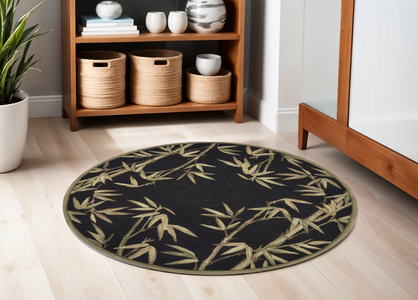 HomeRoots 5' Tropical Botanical Hand-Tufted Wool Area Rug in Black, Green & Brown - Elegant Comfort for Any Space 5' Round 354152