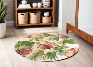 HomeRoots 5' Wool Botanical Leaves Hand-Tufted Area Rug in Beige, Green & Pink - Artisanal Charm for Your Home 6' Round 354153