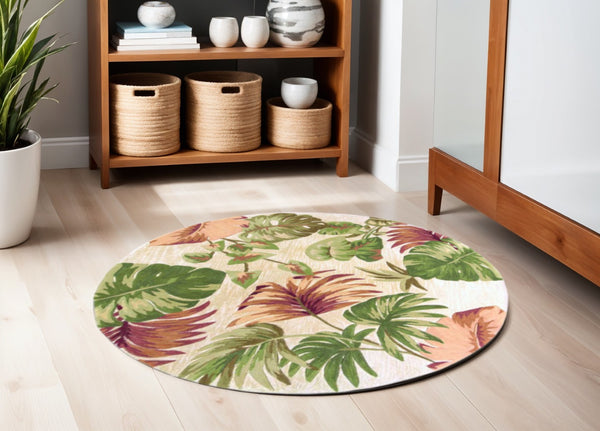 HomeRoots 5' Wool Botanical Leaves Hand-Tufted Area Rug in Beige, Green & Pink - Artisanal Charm for Your Home 6' Round 354153