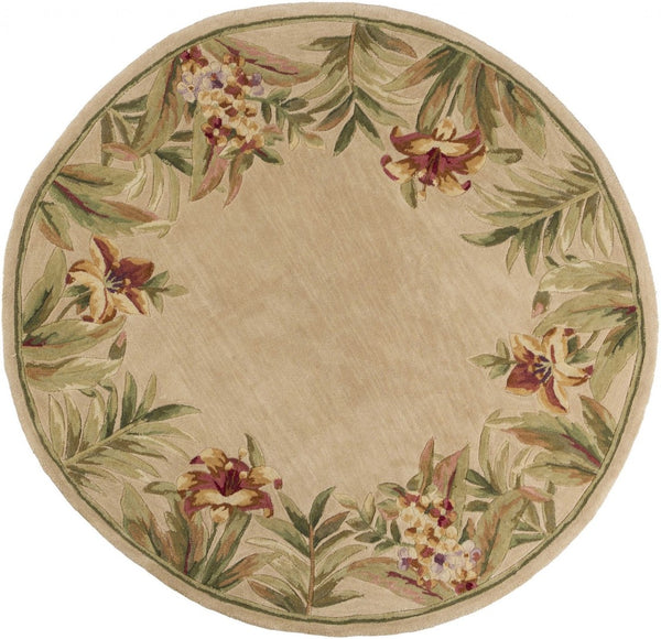 HomeRoots 5' Hand-Tufted Wool Area Rug with Tropical Floral Design – Luxurious Beige, Red & Green Elegance 5' Round 354154