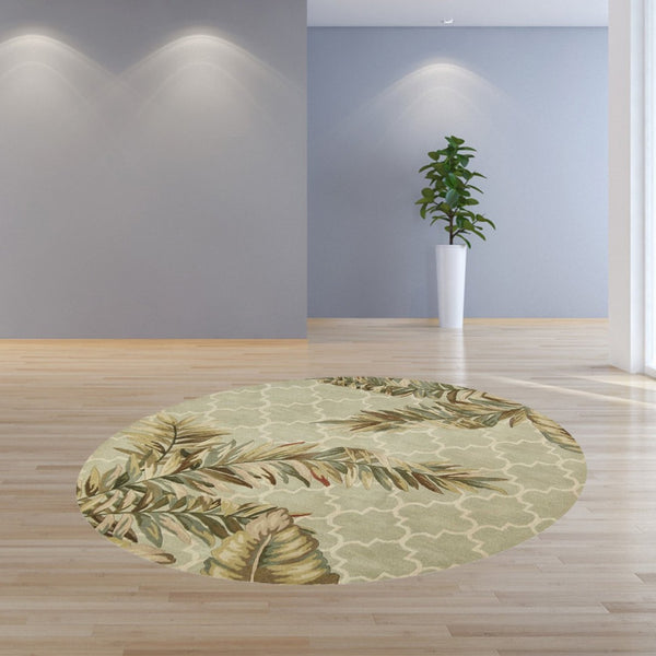 HomeRoots 5' Hand-Tufted Wool Area Rug in Sage Taupe & Green Botanical Design for Elegant Living Spaces 6' Round 354155