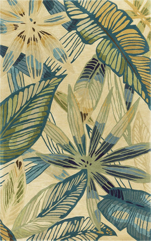 HomeRoots 5' Tropical Botanical Hand-Tufted Area Rug in Ivory, Teal & Green - Soft Wool for Cozy Spaces 5' Round 354156
