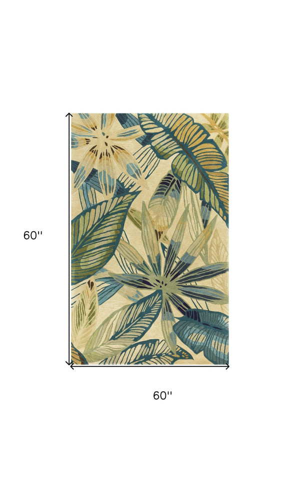 HomeRoots 5' Tropical Botanical Hand-Tufted Area Rug in Ivory, Teal & Green - Soft Wool for Cozy Spaces 5' Round 354156