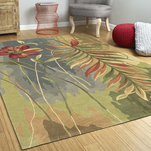 HomeRoots 5' Tropical Botanical Hand-Tufted Wool Area Rug in Blue and Green - Plush Comfort & Style 5' Round 354158