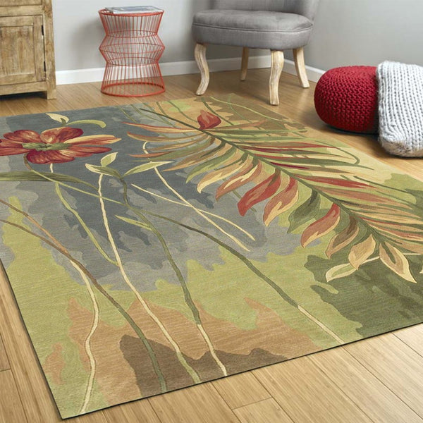 HomeRoots 5' Tropical Botanical Hand-Tufted Wool Area Rug in Blue and Green - Plush Comfort & Style 5' Round 354158