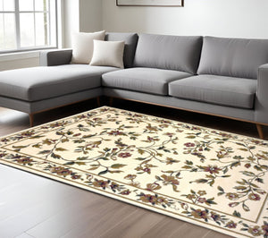 HomeRoots 10' Elegant Floral Vines Area Rug in Ivory, Green & Red - Durable & Timeless Design for Any Space 8" x 11" 354181